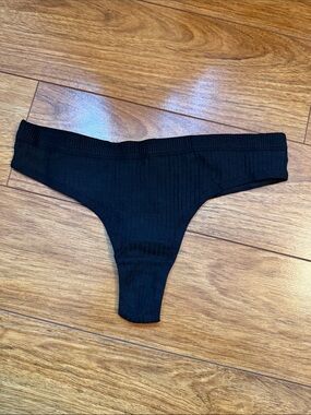 Women's Black Ribbed Thong Panty Well Worn